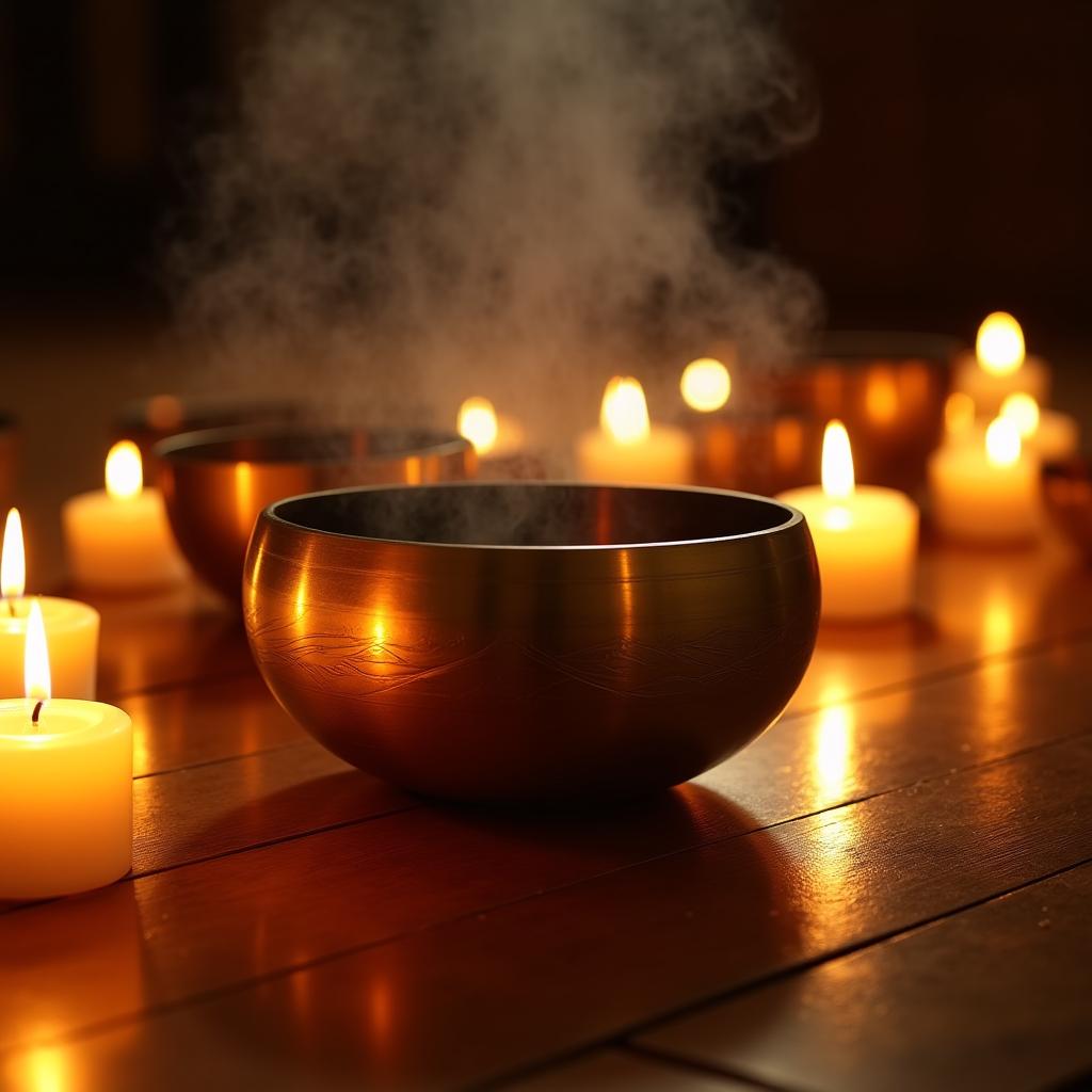 Misy tybetańskie w otoczeniu świec